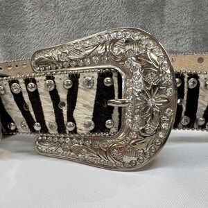 Nocona Zebra Print Calf Hair Rhinestone Western Belt Silver Buckle Boho Y2K Glam